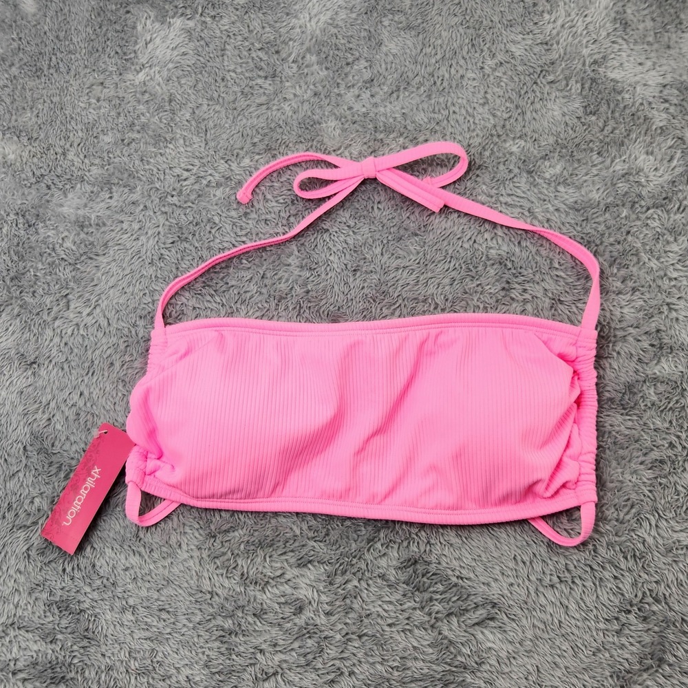 Xhilaration Bikini Top Juniors XL Pink Ribbed‎ Bandeau Halter Neck 238 15 0415
